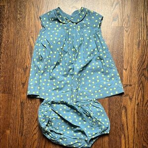 Blue Polka Dot Baby Dress & Bloomers Set - Yellow Dots